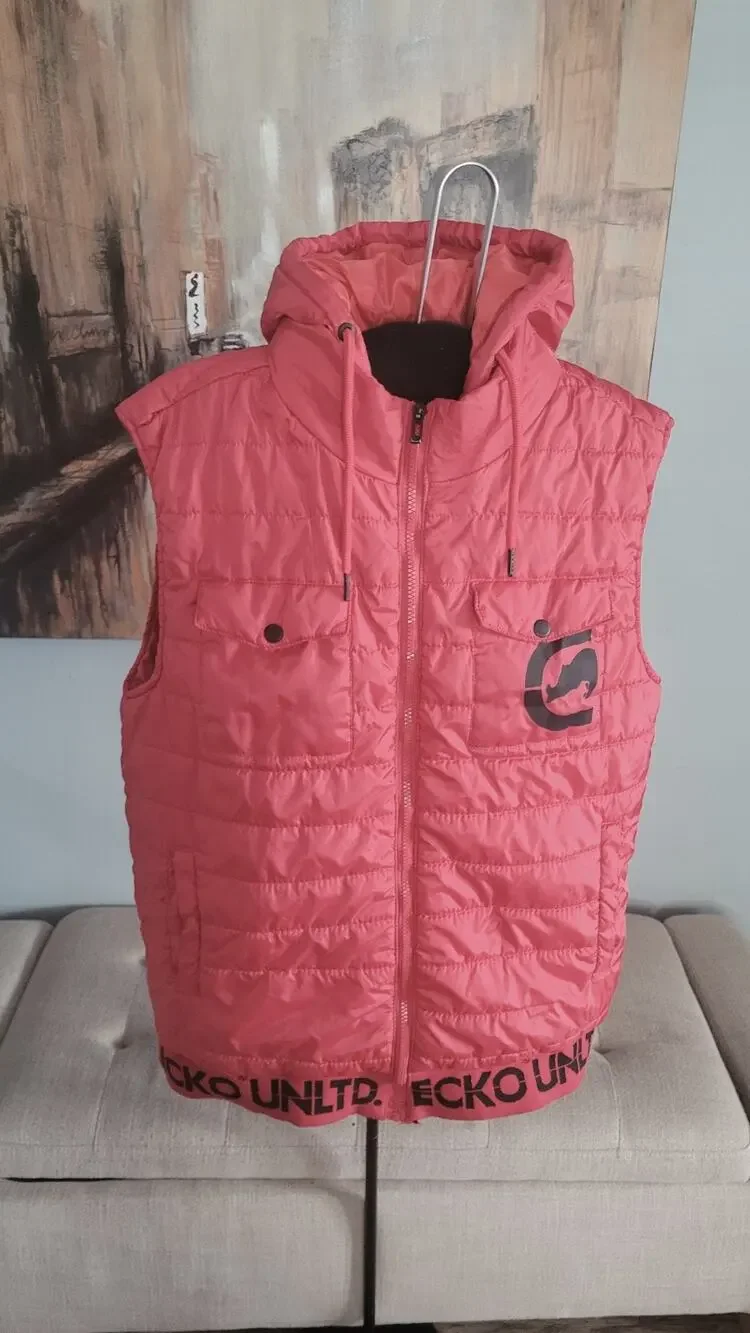 Ecko Unltd Red Hooded Puffer Vest Men's Size L Full Zip Quilted Logo